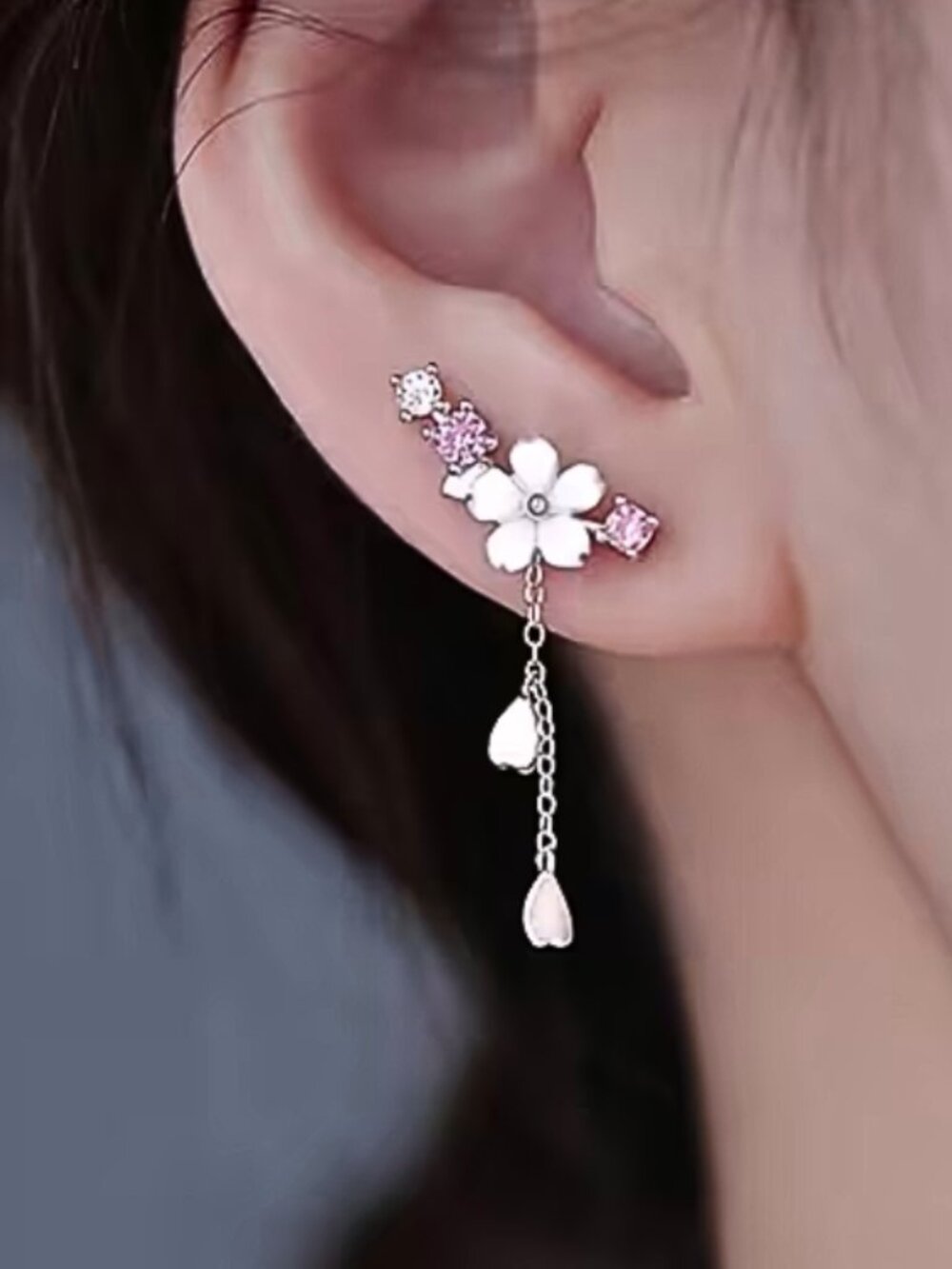 Cherry Blossom Tassel Earrings S925 Sterling Japanese Sakura Floral Dangles